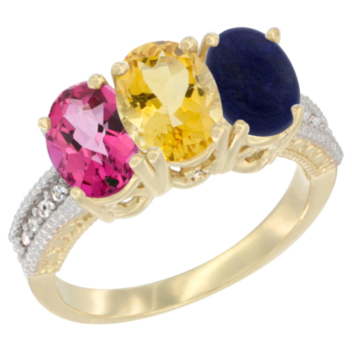10K Yellow Gold Diamond Natural Pink Topaz, Citrine & Lapis Ring 3-Stone Oval 7x5 mm, sizes 5 - 10