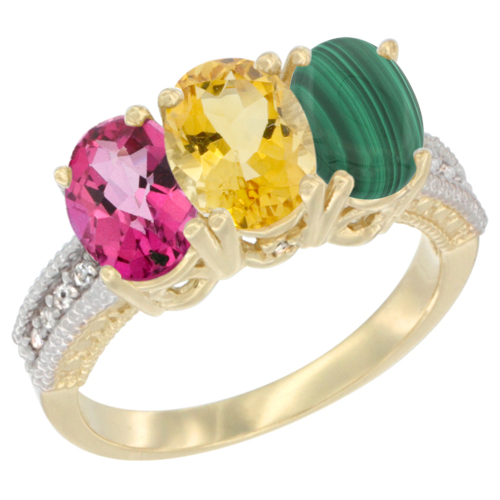10K Yellow Gold Diamond Natural Pink Topaz, Citrine & Malachite Ring 3-Stone Oval 7x5 mm, sizes 5 - 10