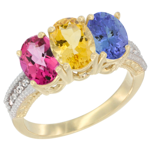 10K Yellow Gold Diamond Natural Pink Topaz, Citrine & Tanzanite Ring 3-Stone Oval 7x5 mm, sizes 5 - 10