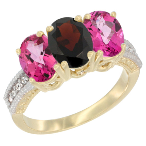 14K Yellow Gold Natural Garnet & Pink Topaz Sides Ring 3-Stone 7x5 mm Oval Diamond Accent, sizes 5 - 10