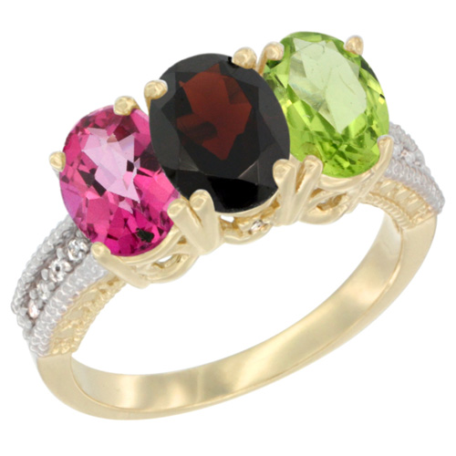 14K Yellow Gold Natural Pink Topaz, Garnet & Peridot Ring 3-Stone 7x5 mm Oval Diamond Accent, sizes 5 - 10