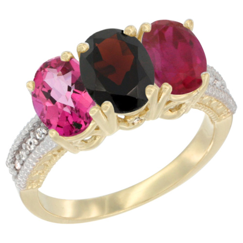 14K Yellow Gold Natural Pink Topaz, Garnet & Enhanced Ruby Ring 3-Stone 7x5 mm Oval Diamond Accent, sizes 5 - 10