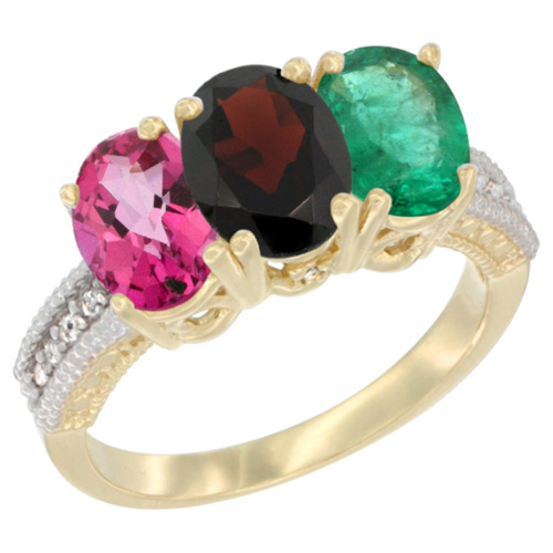 14K Yellow Gold Natural Pink Topaz, Garnet & Emerald Ring 3-Stone 7x5 mm Oval Diamond Accent, sizes 5 - 10