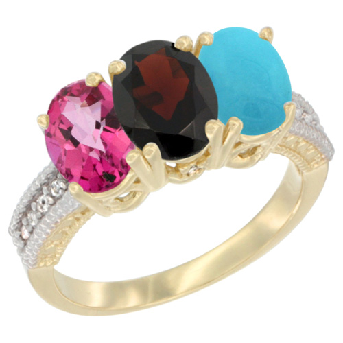 14K Yellow Gold Natural Pink Topaz, Garnet & Turquoise Ring 3-Stone 7x5 mm Oval Diamond Accent, sizes 5 - 10
