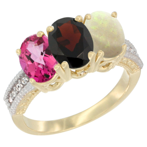 14K Yellow Gold Natural Pink Topaz, Garnet & Opal Ring 3-Stone 7x5 mm Oval Diamond Accent, sizes 5 - 10