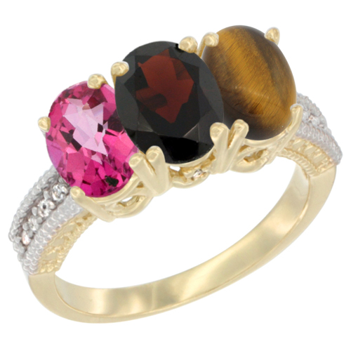 10K Yellow Gold Diamond Natural Pink Topaz, Garnet & Tiger Eye Ring 3-Stone Oval 7x5 mm, sizes 5 - 10