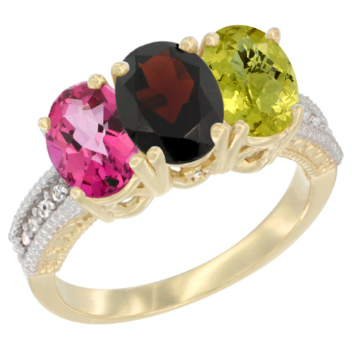 10K Yellow Gold Diamond Natural Pink Topaz, Garnet & Lemon Quartz Ring 3-Stone Oval 7x5 mm, sizes 5 - 10