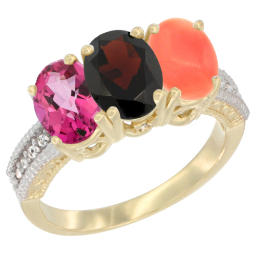 10K Yellow Gold Diamond Natural Pink Topaz, Garnet & Coral Ring 3-Stone Oval 7x5 mm, sizes 5 - 10