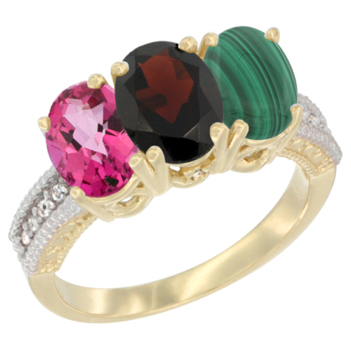 10K Yellow Gold Diamond Natural Pink Topaz, Garnet & Malachite Ring 3-Stone Oval 7x5 mm, sizes 5 - 10