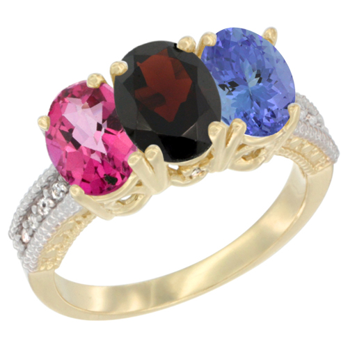 10K Yellow Gold Diamond Natural Pink Topaz, Garnet & Tanzanite Ring 3-Stone Oval 7x5 mm, sizes 5 - 10