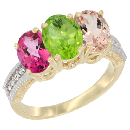 10K Yellow Gold Diamond Natural Pink Topaz, Peridot & Morganite Ring 3-Stone Oval 7x5 mm, sizes 5 - 10