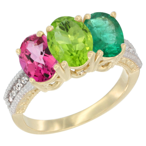 10K Yellow Gold Diamond Natural Pink Topaz, Peridot & Emerald Ring 3-Stone Oval 7x5 mm, sizes 5 - 10