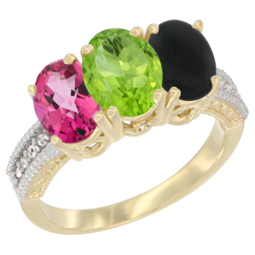 10K Yellow Gold Diamond Natural Pink Topaz, Peridot & Black Onyx Ring 3-Stone Oval 7x5 mm, sizes 5 - 10
