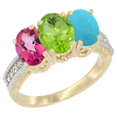 10K Yellow Gold Diamond Natural Pink Topaz, Peridot & Turquoise Ring 3-Stone Oval 7x5 mm, sizes 5 - 10
