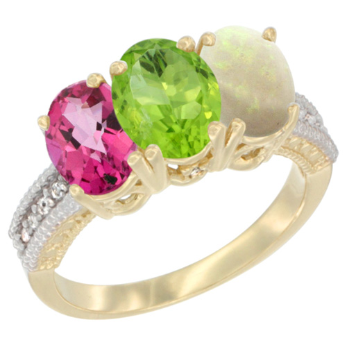 10K Yellow Gold Diamond Natural Pink Topaz, Peridot & Opal Ring 3-Stone Oval 7x5 mm, sizes 5 - 10