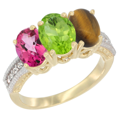 10K Yellow Gold Diamond Natural Pink Topaz, Peridot & Tiger Eye Ring 3-Stone Oval 7x5 mm, sizes 5 - 10