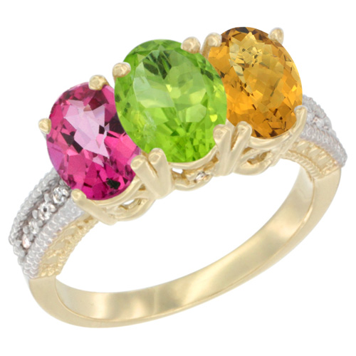 10K Yellow Gold Diamond Natural Pink Topaz, Peridot & Whisky Quartz Ring 3-Stone Oval 7x5 mm, sizes 5 - 10