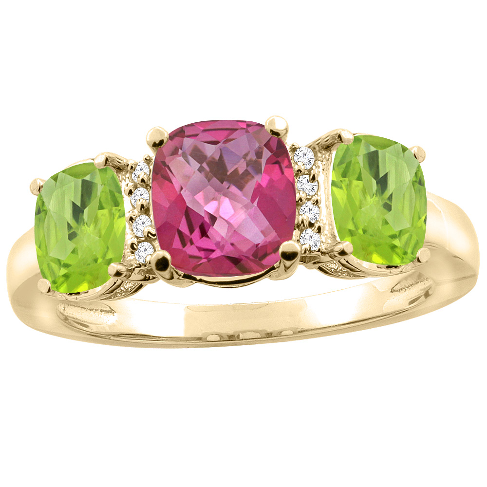 10K Yellow Gold Natural Pink Topaz & Peridot 3-stone Ring Cushion 8x6mm Diamond Accent, sizes 5 - 10