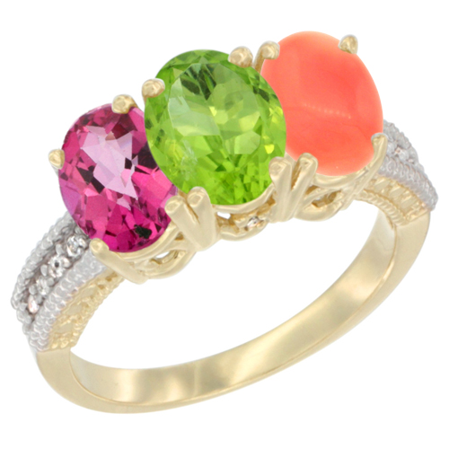10K Yellow Gold Diamond Natural Pink Topaz, Peridot & Coral Ring 3-Stone Oval 7x5 mm, sizes 5 - 10
