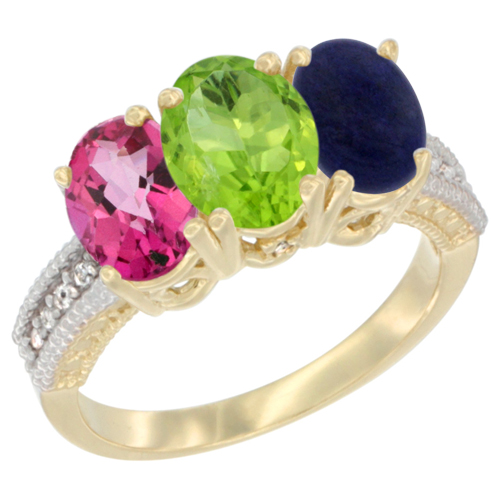 10K Yellow Gold Diamond Natural Pink Topaz, Peridot & Lapis Ring 3-Stone Oval 7x5 mm, sizes 5 - 10