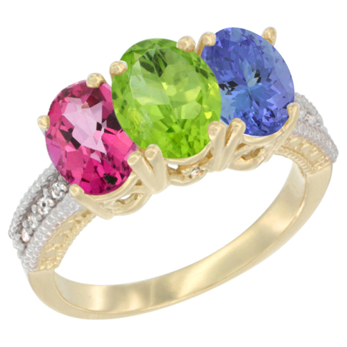 10K Yellow Gold Diamond Natural Pink Topaz, Peridot & Tanzanite Ring 3-Stone Oval 7x5 mm, sizes 5 - 10