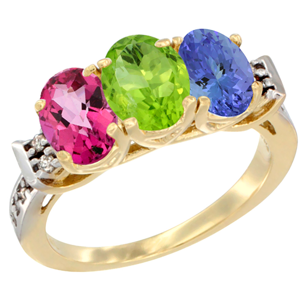 10K Yellow Gold Natural Pink Topaz, Peridot & Tanzanite Ring 3-Stone Oval 7x5 mm Diamond Accent, sizes 5 - 10