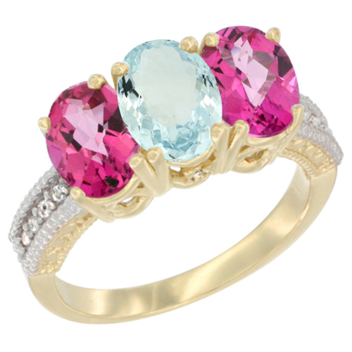 10K Yellow Gold Diamond Natural Aquamarine & Pink Topaz Ring 3-Stone Oval 7x5 mm, sizes 5 - 10