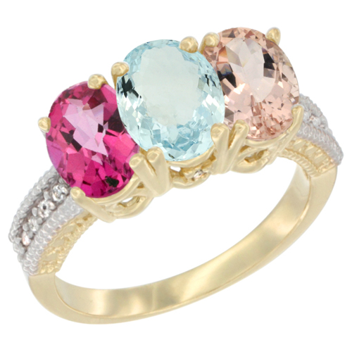 10K Yellow Gold Diamond Natural Pink Topaz, Aquamarine & Morganite Ring 3-Stone Oval 7x5 mm, sizes 5 - 10