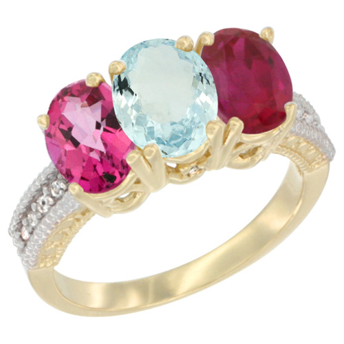 10K Yellow Gold Diamond Natural Pink Topaz, Aquamarine & Ruby Ring 3-Stone Oval 7x5 mm, sizes 5 - 10