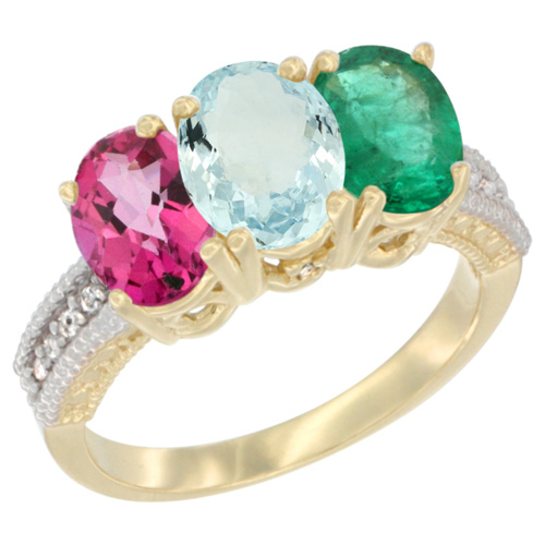 10K Yellow Gold Diamond Natural Pink Topaz, Aquamarine & Emerald Ring 3-Stone Oval 7x5 mm, sizes 5 - 10
