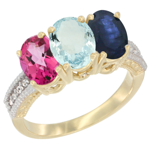 10K Yellow Gold Diamond Natural Pink Topaz, Aquamarine & Blue Sapphire Ring 3-Stone Oval 7x5 mm, sizes 5 - 10