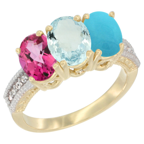 10K Yellow Gold Diamond Natural Pink Topaz, Aquamarine & Turquoise Ring 3-Stone Oval 7x5 mm, sizes 5 - 10
