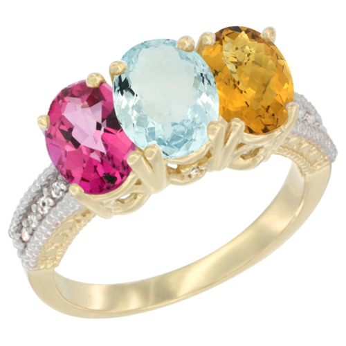 10K Yellow Gold Diamond Natural Pink Topaz, Aquamarine & Whisky Quartz Ring 3-Stone Oval 7x5 mm, sizes 5 - 10