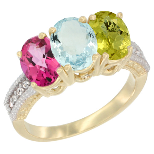 10K Yellow Gold Diamond Natural Pink Topaz, Aquamarine & Lemon Quartz Ring 3-Stone Oval 7x5 mm, sizes 5 - 10