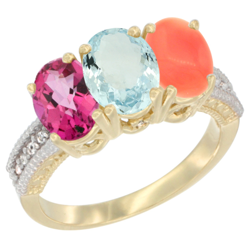 10K Yellow Gold Diamond Natural Pink Topaz, Aquamarine & Coral Ring 3-Stone Oval 7x5 mm, sizes 5 - 10