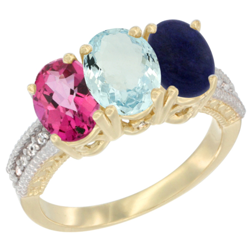 10K Yellow Gold Diamond Natural Pink Topaz, Aquamarine & Lapis Ring 3-Stone Oval 7x5 mm, sizes 5 - 10