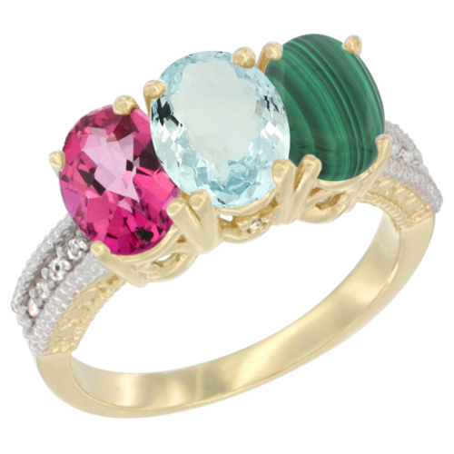 10K Yellow Gold Diamond Natural Pink Topaz, Aquamarine & Malachite Ring 3-Stone Oval 7x5 mm, sizes 5 - 10