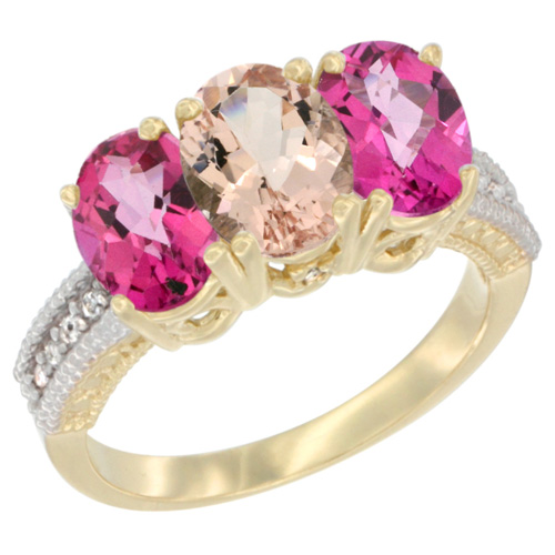 14K Yellow Gold Natural Morganite & Pink Topaz Sides Ring 3-Stone 7x5 mm Oval Diamond Accent, sizes 5 - 10