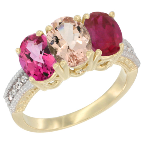 14K Yellow Gold Natural Pink Topaz, Morganite & Enhanced Ruby Ring 3-Stone 7x5 mm Oval Diamond Accent, sizes 5 - 10