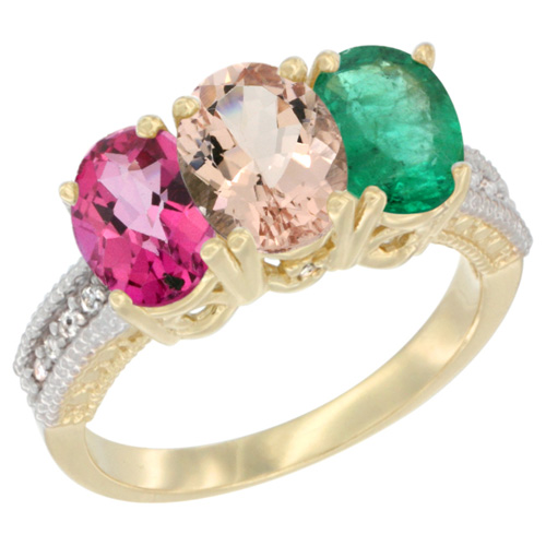 14K Yellow Gold Natural Pink Topaz, Morganite & Emerald Ring 3-Stone 7x5 mm Oval Diamond Accent, sizes 5 - 10
