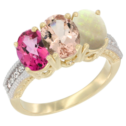 10K Yellow Gold Diamond Natural Pink Topaz, Morganite & Opal Ring 3-Stone Oval 7x5 mm, sizes 5 - 10
