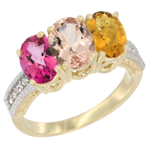 10K Yellow Gold Diamond Natural Pink Topaz, Morganite & Whisky Quartz Ring 3-Stone Oval 7x5 mm, sizes 5 - 10