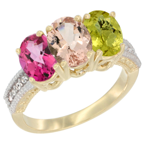 10K Yellow Gold Diamond Natural Pink Topaz, Morganite & Lemon Quartz Ring 3-Stone Oval 7x5 mm, sizes 5 - 10