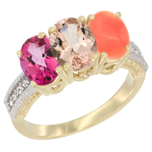 10K Yellow Gold Diamond Natural Pink Topaz, Morganite & Coral Ring 3-Stone Oval 7x5 mm, sizes 5 - 10