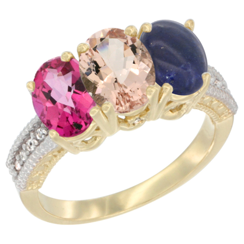 10K Yellow Gold Diamond Natural Pink Topaz, Morganite & Lapis Ring 3-Stone Oval 7x5 mm, sizes 5 - 10
