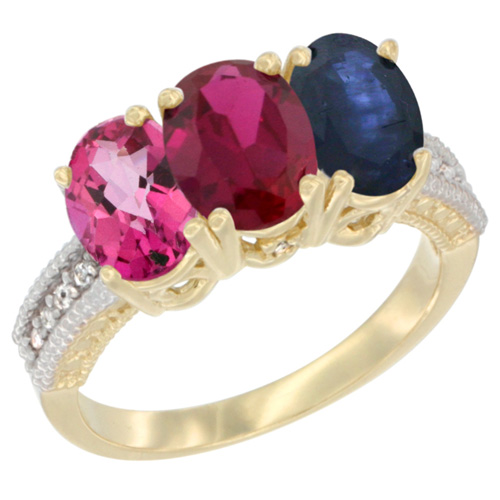 14K Yellow Gold Natural Pink Topaz, Enhanced Ruby & Natural Blue Sapphire Ring 3-Stone 7x5 mm Oval Diamond Accent, sizes 5 - 10