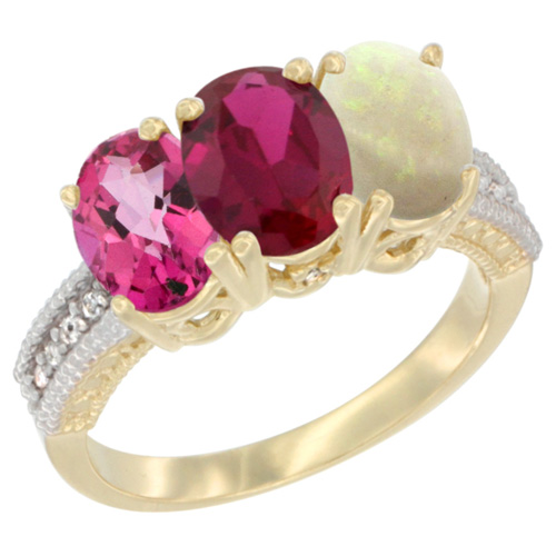 14K Yellow Gold Natural Pink Topaz, Enhanced Ruby & Natural Opal Ring 3-Stone 7x5 mm Oval Diamond Accent, sizes 5 - 10