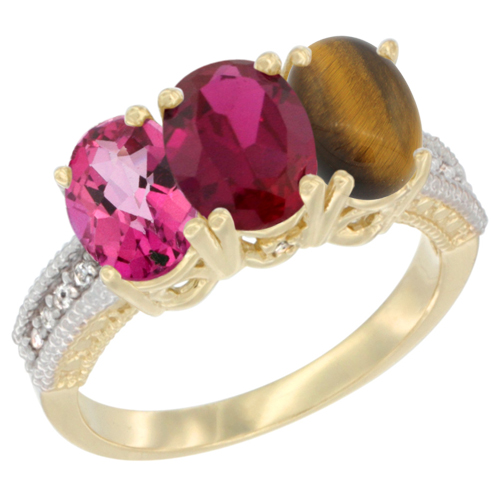 14K Yellow Gold Natural Pink Topaz, Enhanced Ruby & Natural Tiger Eye Ring 3-Stone 7x5 mm Oval Diamond Accent, sizes 5 - 10