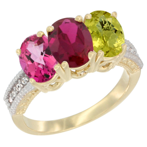 14K Yellow Gold Natural Pink Topaz, Enhanced Ruby & Natural Lemon Quartz Ring 3-Stone 7x5 mm Oval Diamond Accent, sizes 5 - 10