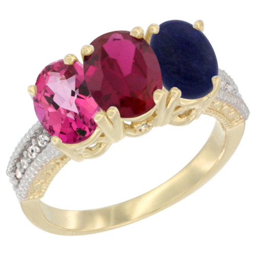 14K Yellow Gold Natural Pink Topaz, Enhanced Ruby & Natural Lapis Ring 3-Stone 7x5 mm Oval Diamond Accent, sizes 5 - 10